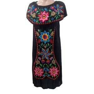 Radhe Black Rayon Peasant Dress Size M Medium Embroidered Floral Off Shoulder